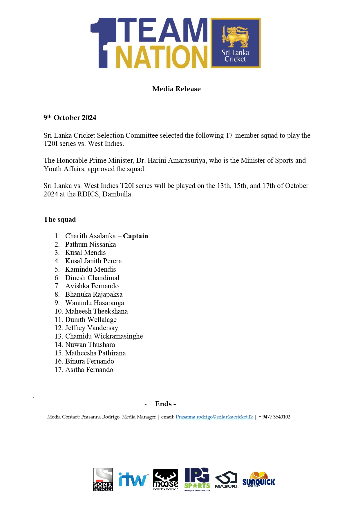 Media Release SLCM202491 Sri Lanka T20I squad for the West Indies Tour of Sri Lanka page 0001