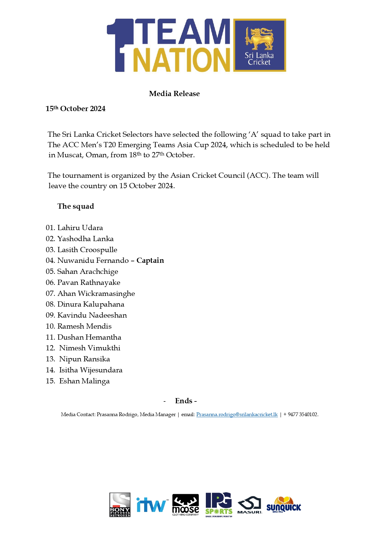 Media Release SLCM202493 Sri Lanka A Team taking part in the Emerging Asia Cup page 0001